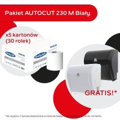 BulkySoft 30 rolek ręcznika autocut PRO 2w.230m. biały, celuloza + dozownik autocut czarny za 1 zł.