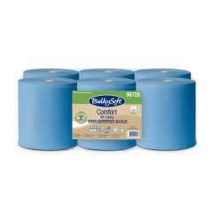 Ręcznik papierowy w roli centralnego dozowania BulkySoft Comfort De-inked 1w, niebieski, celuloza z recyklingu, 300m, 6 rolek/op.