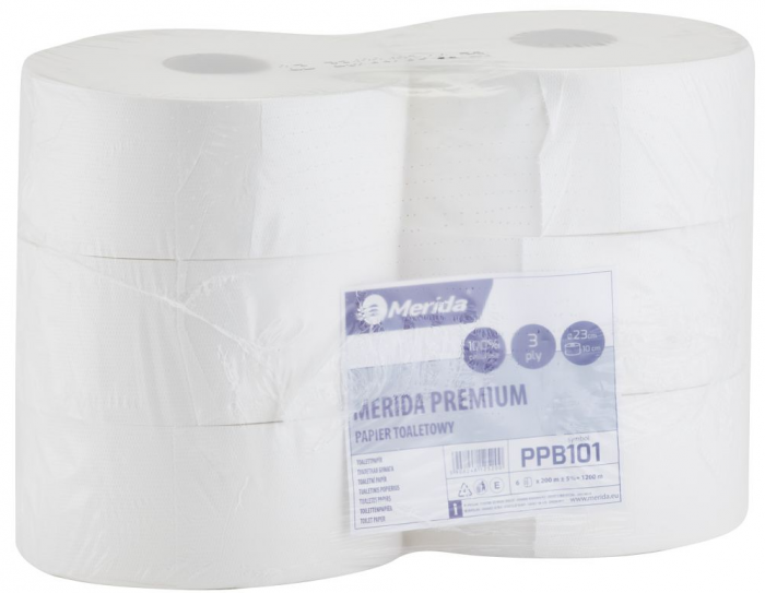 Papier toaletowy Merida Premium, biały, średnica 23 cm, długość 200 m, 3w. 