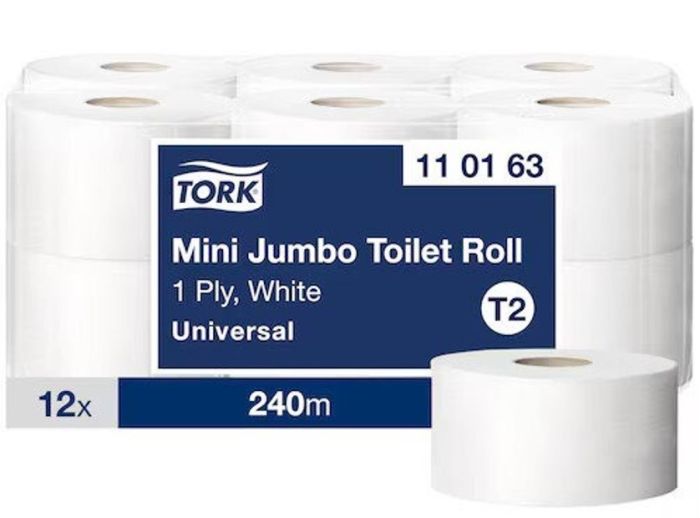 Papier toaletowy Tork mini jumbo, 1w. biały, makulatura, 240m, 12 rolek/op. system T2