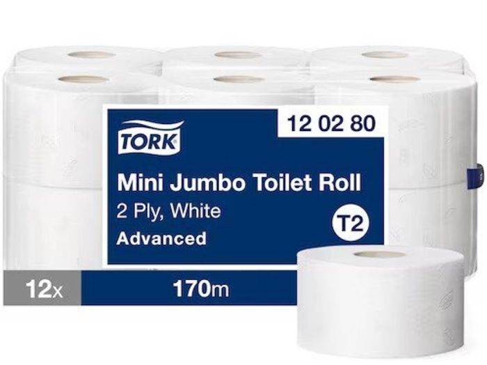 Papier toaletowy Tork Advanced jumbo mini 170m, 2w, biały, makulatura, 12 rolek/op, system T2