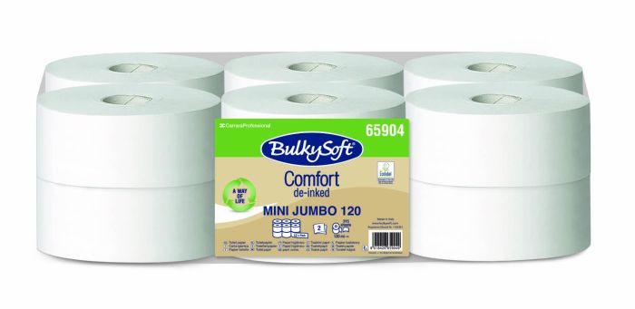 [5 + 1 karton gratis/ 60 + 12 rolek] Papier toaletowy jumbo mini BulkySoft Comfort DE-inked, 2w, biały, celuloza z recyklingu, 120m