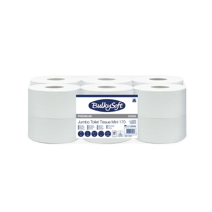 Papier toaletowy jumbo mini BulkySoft Premium, 2w,biały, celuloza,170m, 12 rolek/op