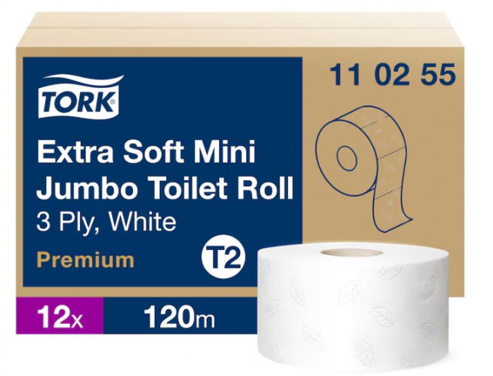 Papier toaletowy Tork mini jumbo, 3w., biały, makulatura, 120m, 12 rolek/op, system T2