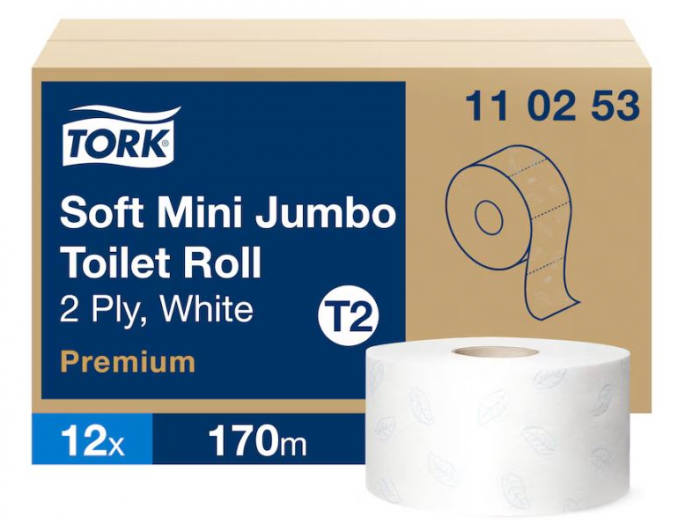 Papier toaletowy Tork mini jumbo, 2w., biały, makulatura, 170m, 12 rolek/op. system T2